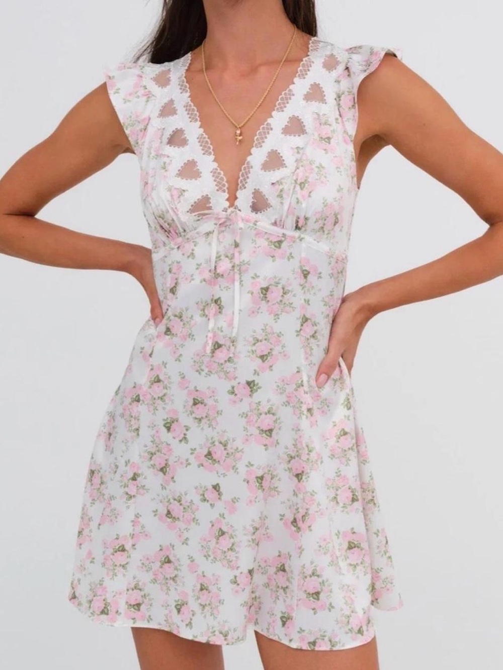 For Love & Lemons White Mini Dress with Pink Floral Print